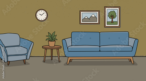 Cozy Living Room With Blue Sofa, Armchair, Plant, Clock, And Wall Art