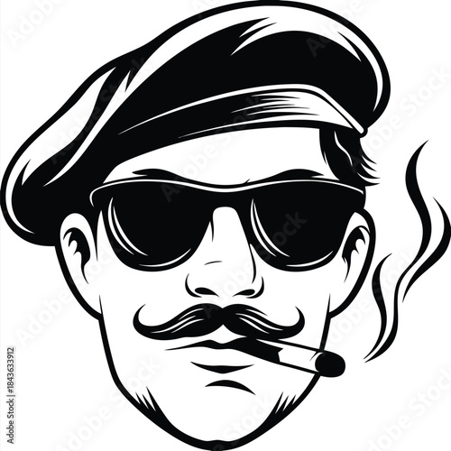 Monochrome man in beret and sunglasses smokes, showcasing a large handlebar mustache