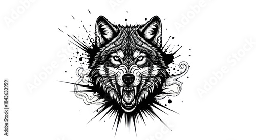 Stylized black and white wolf head with open mouth and sharp teeth.