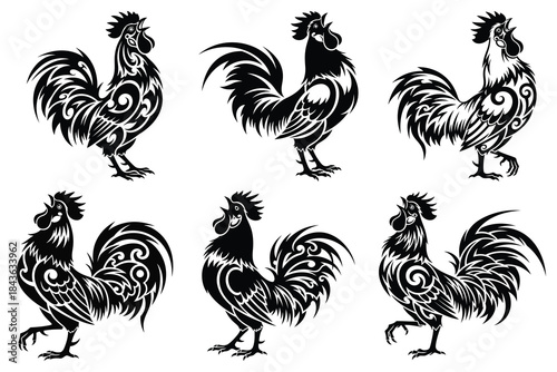 Black and white artistic rooster designs with intricate swirling patterns ideal for modern illustrations and cultural branding