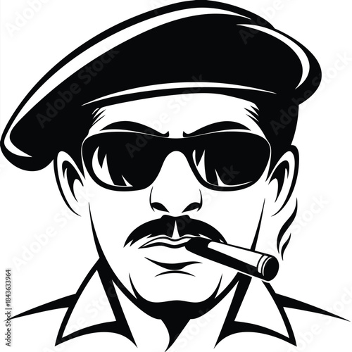 Monochrome man sporting a beret and sunglasses confidently smokes a cigar