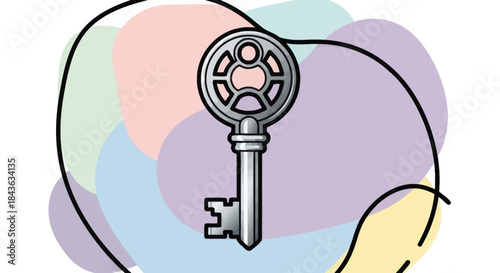 Antique key with a person silhouette in the bow on abstract background.