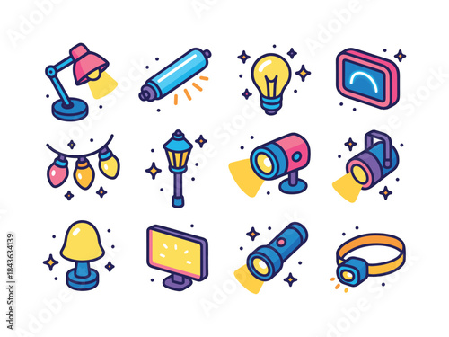 Colorful Lighting Icons. Artificial light. Colorful isometric ve