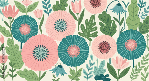 Seamless floral pattern with pink and teal flowers and green leaves.