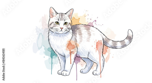 Cute watercolor cat illustration with colorful paint splashes.