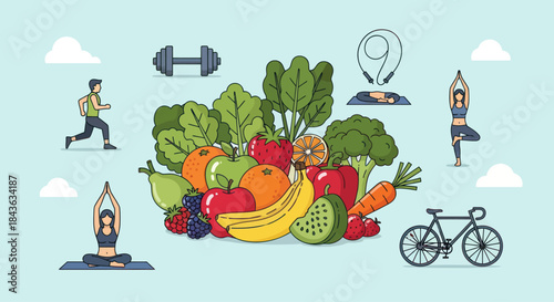 Healthy lifestyle with fitness and nutritious food illustration.