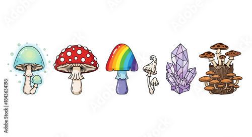 Collection of fantasy mushrooms and crystals