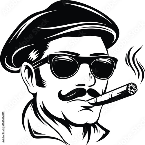 Monochrome man with mustache and sunglasses is smoking a cigar in style