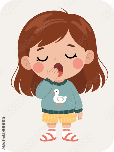 A sweet illustration of a little girl yawning while dressed in cozy attire, presenting a relatable moment of sleepy innocence and warmth, ideal for children's content or themes.