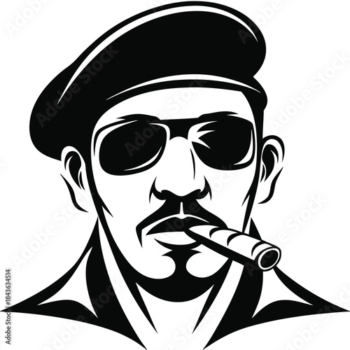 Monochrome portrait shows a serious man in sunglasses smoking a cigar confidently