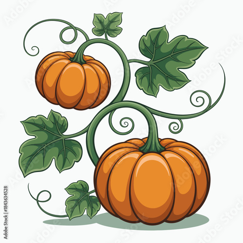 Two stylized pumpkins entwined with decorative vines and leaves, capturing the essence of autumn with an artistic flair and a focus on harvest themes in a vibrant design.