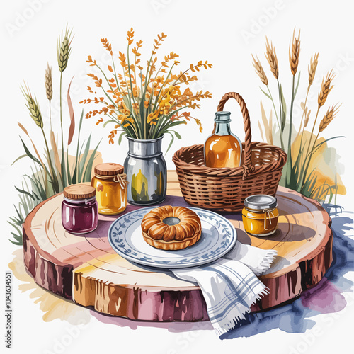 A delightful autumn breakfast spread on a rustic wooden table featuring pastries, honey jars, and wheat flowers, embodying warmth, comfort, and seasonal abundance.