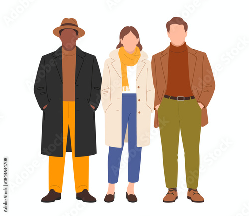 Three individuals with distinct fashion styles stand together, showcasing confidence and diversity in their attire, representing modern urban culture and individuality.