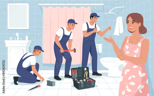 Three skilled plumbers are diligently working in a modern bathroom, using various tools to ensure everything is in top shape for a comfortable living space for the homeowner.