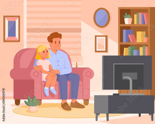 A father and daughter relax together on a couch, enjoying a heartwarming moment while watching TV, illustrating the values of family, bonding, and shared experiences in a cozy setting.