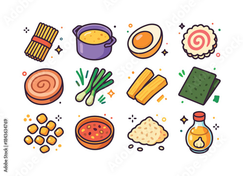 Ramen Ingredients Icons. Ramen ingredients. Colorful isometric v
