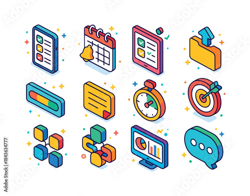 Colorful Work Tools Icons. Work efficiency tools. Colorful isome