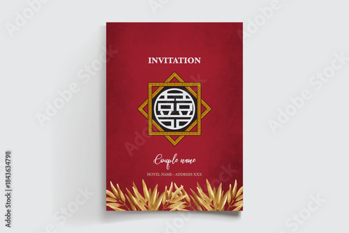 WEDDING INVITATION FRAME WITH FLOWER DECORATIONS AND FRESH LEAVES