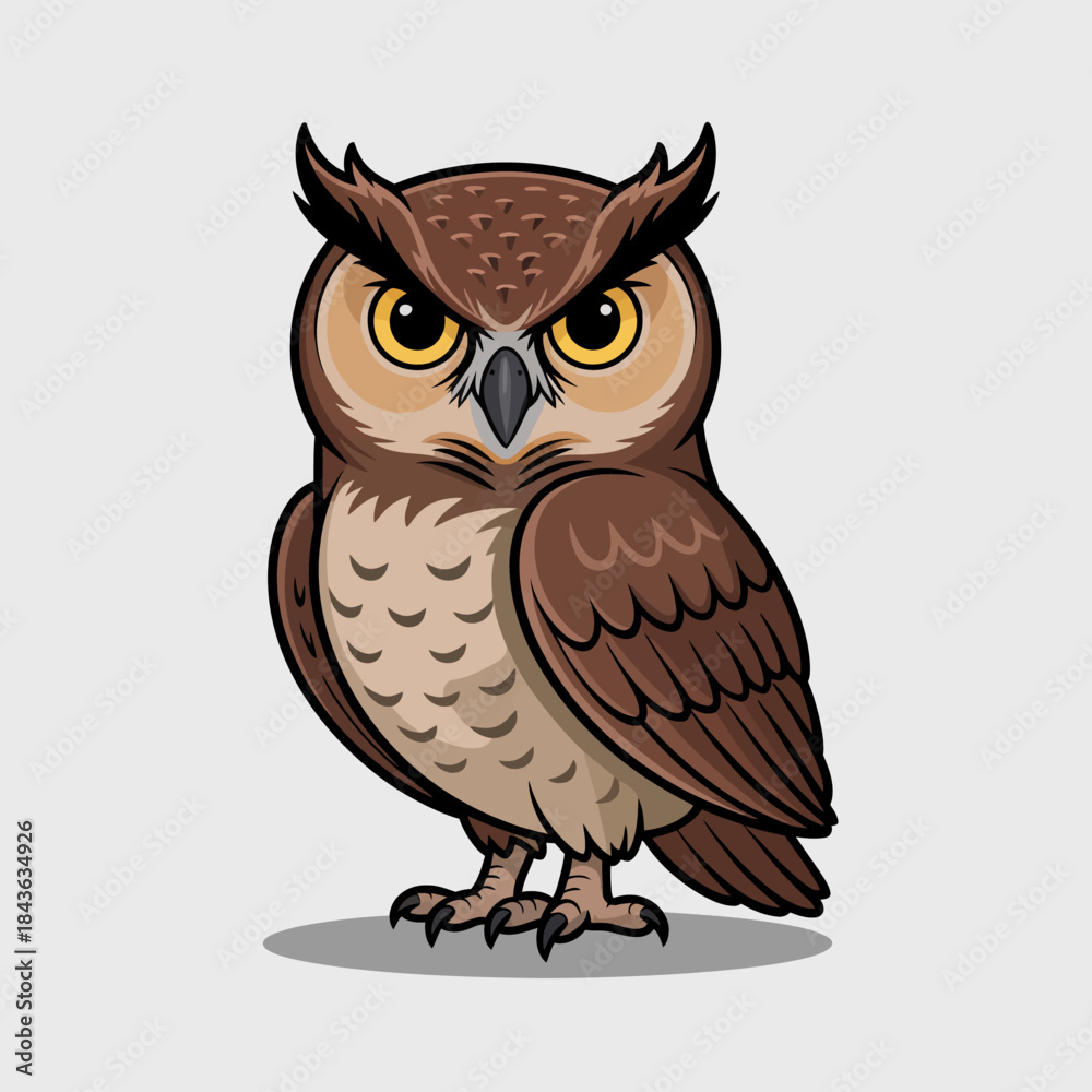 Naklejka premium A cartoon owl character sits confidently, featuring sharp features and a fierce expression, symbolizing wisdom, power, and vigilance in the animal kingdom.
