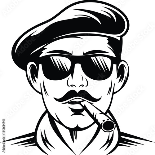 Mustachioed man with dark glasses and beret confidently smokes a cigar in black and white