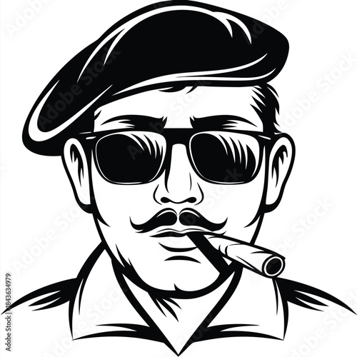Monochrome man with mustache, shades, and beret enjoys his cigar today