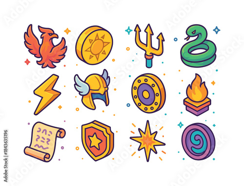 Colorful Mythology Icons. Mythology Symbols. Colorful isometric