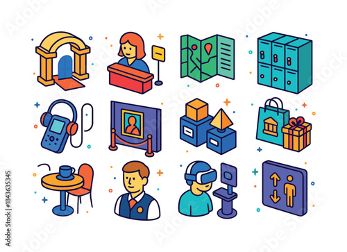 Museum Icons Collection. Museum Experience. Colorful isometric v
