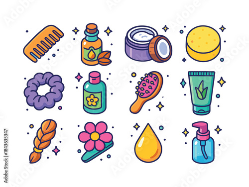 Natural Hair Care Icons. Natural hair care. Colorful isometric v