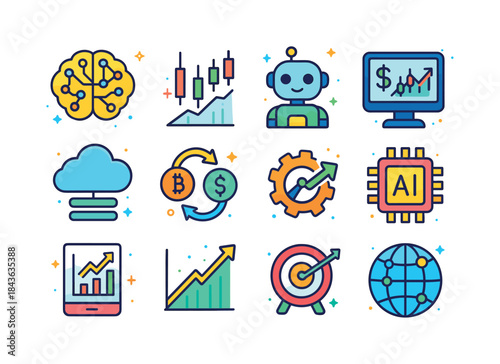 AI Trading Icons. AI-driven trading. Colorful isometric vector i