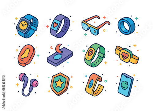 Colorful Wearable Tech Icons. Wearable tech. Colorful isometric