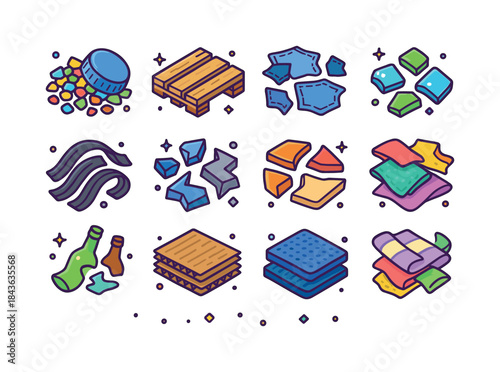 Colorful Upcycled Icons. Upcycled Materials. Colorful isometric