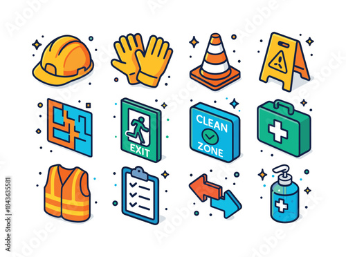Safety Icon Set. Safety and order. Colorful isometric vector ico