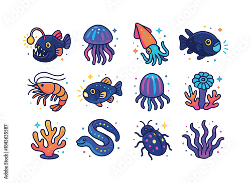Bioluminescent Icons Grid. Bioluminescent creatures. Colorful is