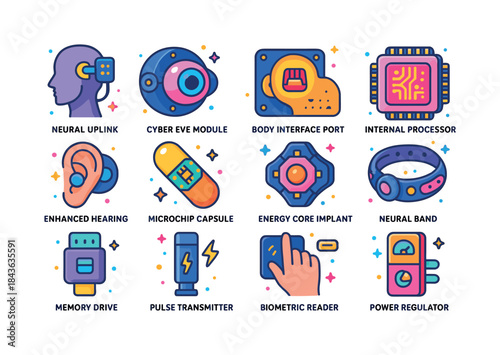 Futuristic Implant Icons. Futuristic implants. Colorful isometri
