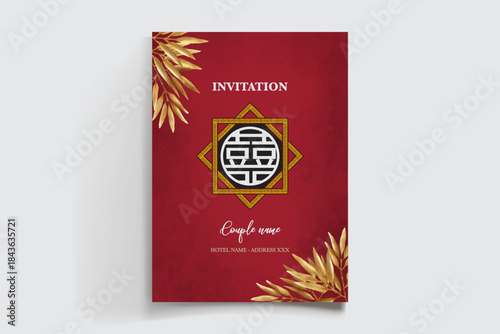 WEDDING INVITATION FRAME WITH FLOWER DECORATIONS AND FRESH LEAVES