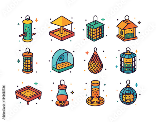 Colorful Bird Feeders Icons. Bird Feeders. Colorful isometric ve