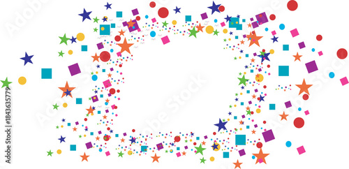 Colorful geometric shapes and stars forming a festive border on a transparent background, explosion of confetti-like stars, circles, and squares in various bright colors creates a dynamic frame 