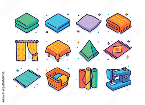 Colorful Home Textiles Icons. Home Textiles. Colorful isometric