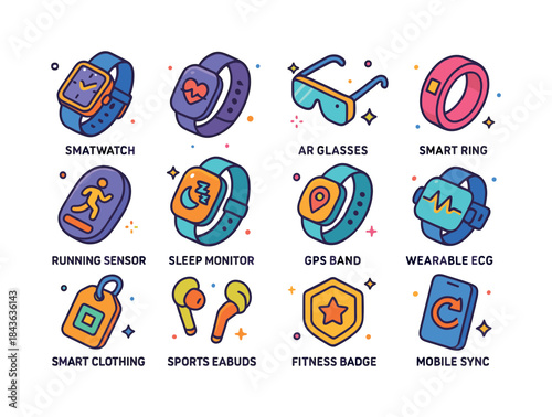 Colorful Wearable Tech Icons. Wearable tech. Colorful isometric