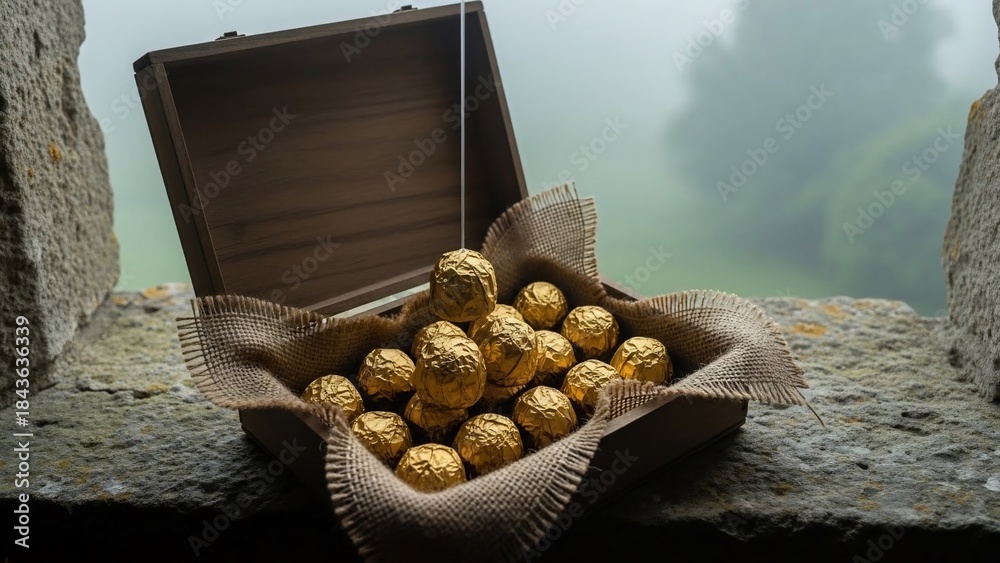Obraz premium Golden Snitch in a wooden box on a stone ledge.