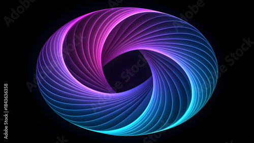 Abstract 3D Circular Shape with Gradient Ribbon Lines in Blue and Purple Tones, Futuristic Geometric Design on Black Background
