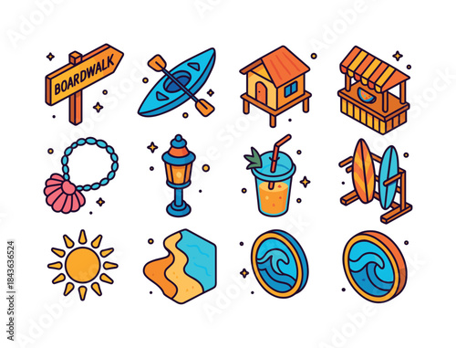 Seaside Icon Set. Seaside tourism. Colorful isometric vector ico