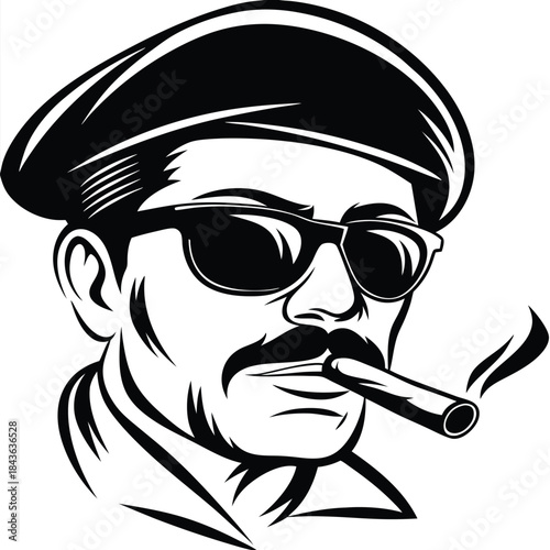 Serious man with beret and sunglasses confidently smokes a cigar in black and white