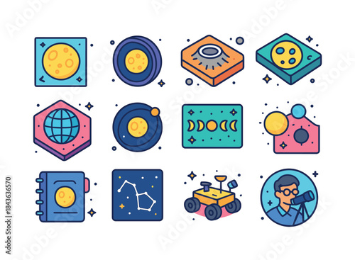 Lunar Astronomy Icon Set. Lunar Astronomy. Colorful isometric ve