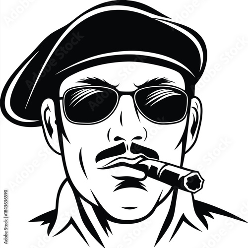Serious man with beret smokes cigar while wearing sunglasses in graphic
