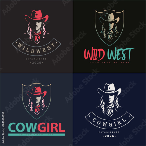 Cowgirl american sheriff wild west beauty face head silhouette logo set vintage design template