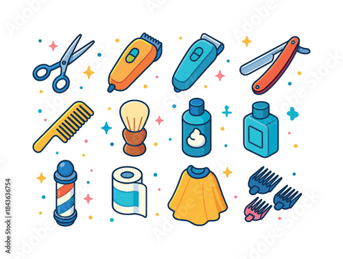 Colorful Barber Tools Icons. Barber shop tools. Colorful isometr