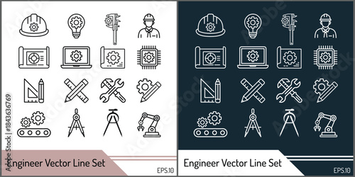 Engineer and Labour vector line art icon set silhouette template design
