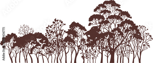 Black and White Forest Tree Silhouettes Illustration Minimalist Nature Landscape Background with Layered Woodland Canopy Design for Modern Wall Art