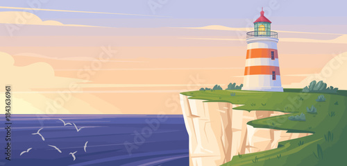 This serene illustration features a lighthouse standing tall by the ocean, capturing the beautiful sunset and embodying tranquility and guidance in a picturesque coastal scene.